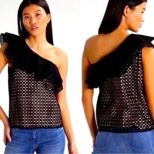 J.Crew‎ Black/Nude Eyelet Ruffle One Shoulder Top Size 6